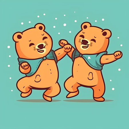 Two funny teddy bears in winter clothes. Vector illustration in cartoon style.の素材