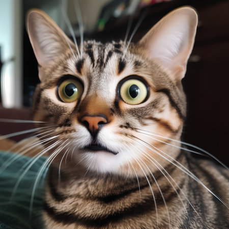 Portrait of a tabby cat with green eyes looking at the cameraの素材
