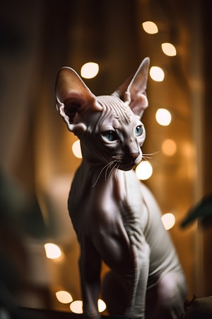 Portrait of a sphinx cat on a background of lightsの素材