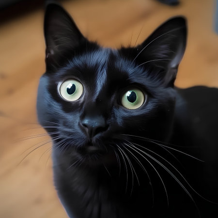 Black cat with green eyes looking at the camera. Close up.の素材