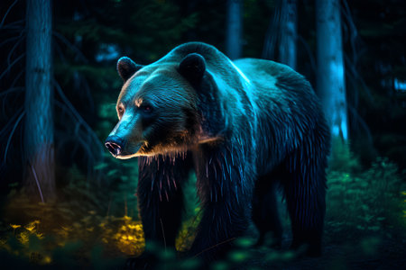Grizzly bear in the forest at night. Wildlife scene.の素材