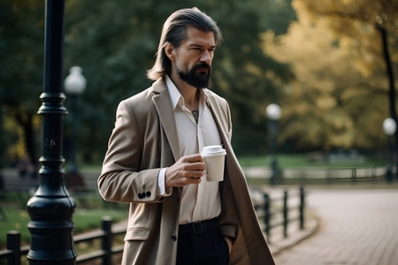 Handsome bearded man in beige coat with cup of coffee in autumn parkの素材