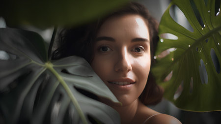 beautiful young woman looking at camera while posing with monstera leafの素材