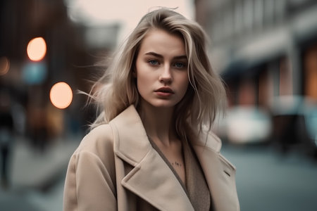 Portrait of a beautiful young woman in a beige coat.の素材