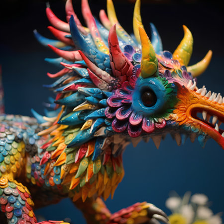 Colorful dragon statue on the black background, closeup of photoの素材
