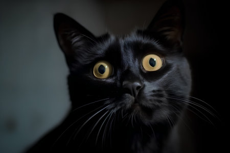 Portrait of a black cat with yellow eyes on a dark backgroundの素材