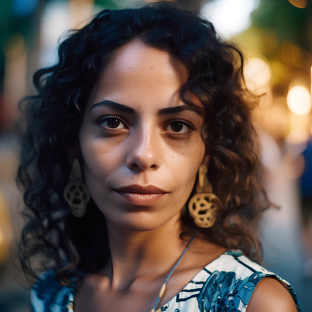 Portrait of a beautiful young woman with curly hair on the streetの素材
