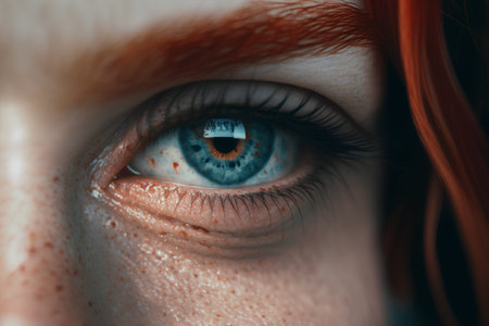 Close-up of beautiful woman's blue eye. Red hair.の素材