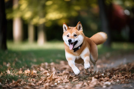 Shiba inu dog running in autumn park. Selective focusの素材