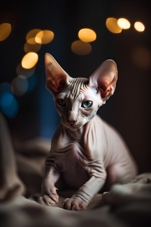 Sphynx cat with blue eyes on a dark background.の素材