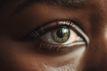 Close up shot of an eye of a black man with green eyesの素材