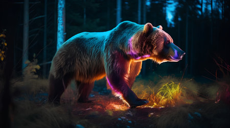 Grizzly bear in the forest at night. Colorful backgroundの素材