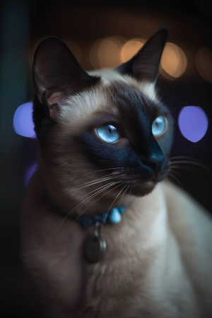 Siamese cat with blue eyes and blue collar on black backgroundの素材