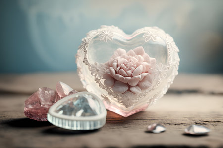 Beautiful pink rose in a glass heart on a wooden background.の素材