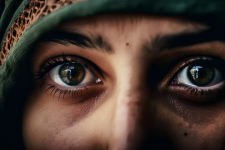 Close-up shot of a beautiful woman's eyes with green veilの素材