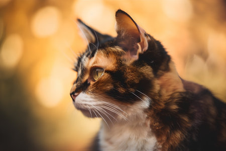 Portrait of a beautiful calico cat on a sunny day.の素材