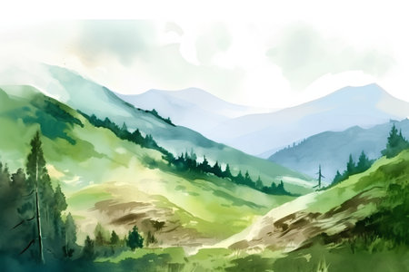 Mountain landscape. Watercolor hand drawn background. Vector illustration.の素材