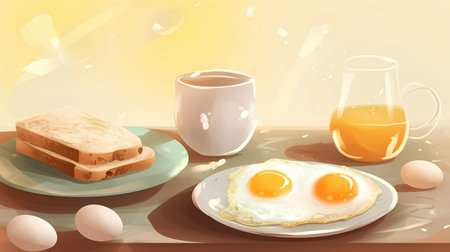 Breakfast with fried eggs, bread and juice. Vector illustration.の素材