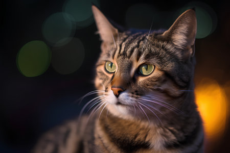 Portrait of a tabby cat in front of a bokeh backgroundの素材