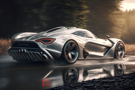 3D rendering of a brand-less generic concept car in the countrysideの素材