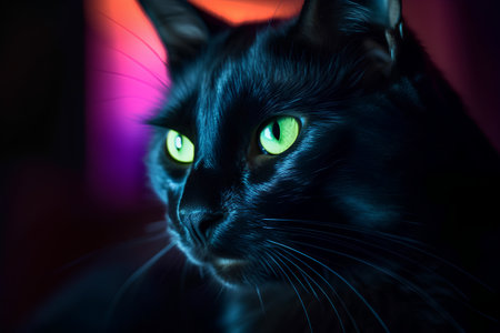 Beautiful black cat with green eyes in neon light. Close up.の素材
