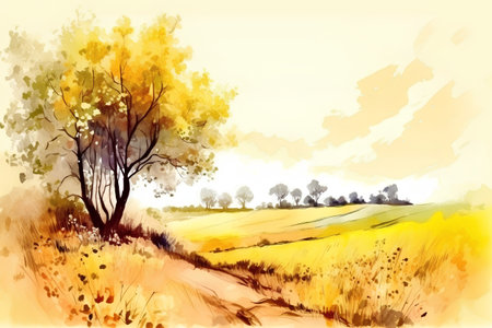 Autumn rural landscape with yellow field and trees. Vector illustration.の素材