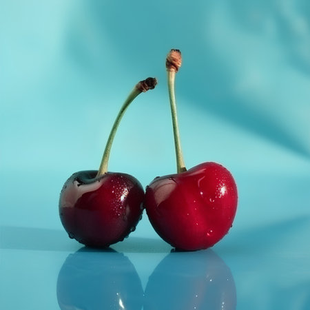 Two cherries with water drops on a blue background with reflection.の素材