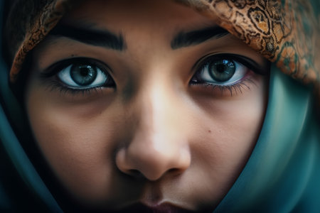 Portrait of a beautiful young muslim woman with green eyes.の素材