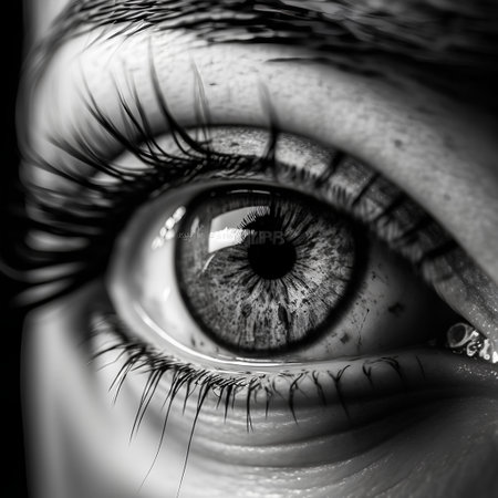 Macro shot of a beautiful woman's eye in black and whiteの素材