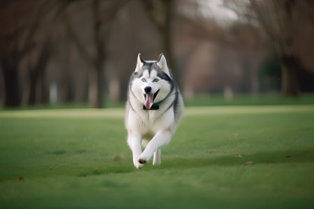 Siberian Husky dog running on the grass. Selective focus.の素材