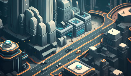 3d isometric city. Urban landscape with buildings and roads.の素材