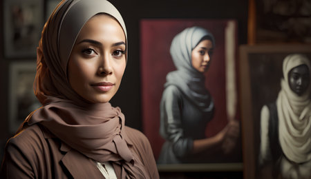 Portrait of beautiful young muslim woman with hijab looking at cameraの素材