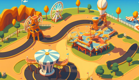 Amusement park isometric background with carousels and rides 3d vector illustrationの素材