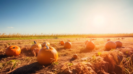 Pumpkin patch on sunny autumn day. Rural landscape with pumpkins.の素材