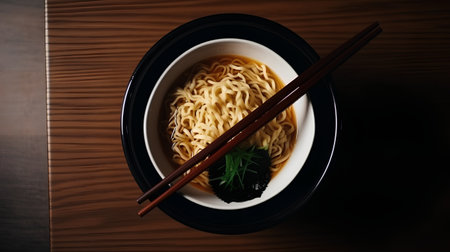 Noodles in a black bowl with chopsticks on wooden backgroundの素材