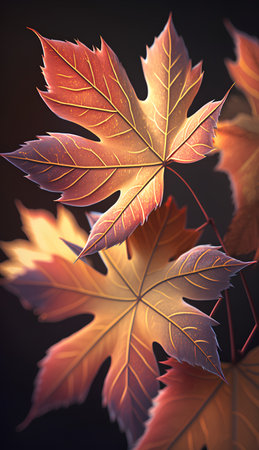 Autumn maple leaves on dark background. 3d render illustration.の素材