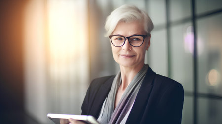 Portrait of a senior businesswoman using a digital tablet in officeの素材