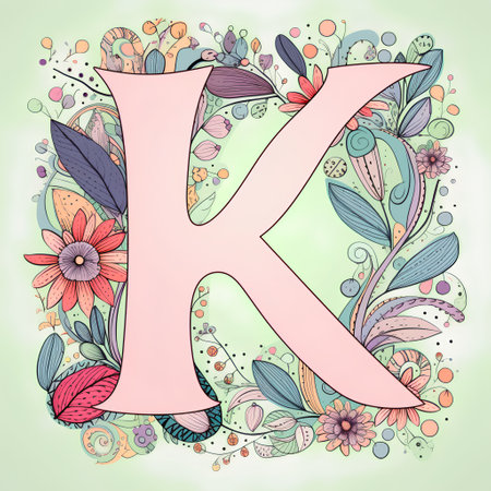 Floral letter K with flowers, leaves and dots. Vector illustration.の素材