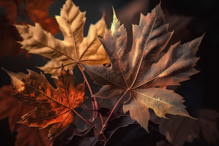 Autumn maple leaves on a dark background. 3d render.の素材