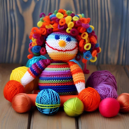 Handmade crochet doll with colored yarn balls on a wooden background.の素材