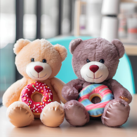 Teddy bear and donut on the table in coffee shop.の素材