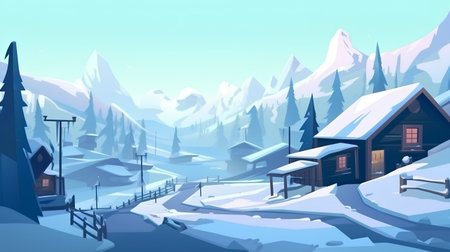 Winter mountain landscape with wooden houses and snowdrifts. Vector illustration.の素材