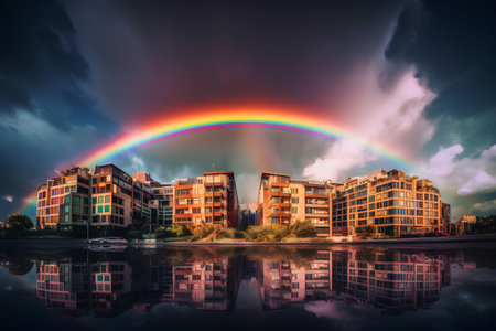Rainbow over a modern apartment building reflecting in the water at sunsetの素材