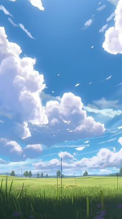 Beautiful summer landscape with blue sky and clouds, vector illustration.の素材