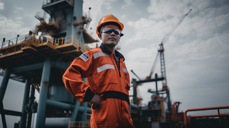Portrait of Asian man worker in hardhat and reflective vest standing on offshore oil and gas platform.の素材