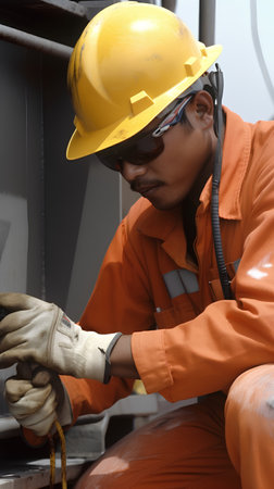 Industrial worker wearing safety helmet and safety goggles while working in a factoryの素材