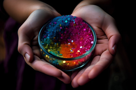 Hands of a young woman holding a glass jar with colored powderの素材