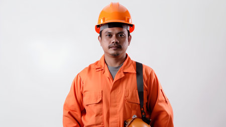 Portrait of Asian male worker in orange uniform and hardhat on white backgroundの素材