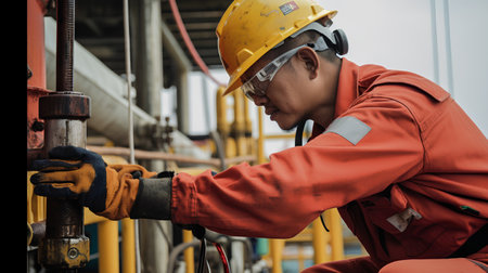 Oil and gas industry worker working onshore oil and gas platform.の素材