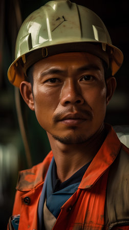 Portrait of asian worker in industrial plant. Selective focus.の素材